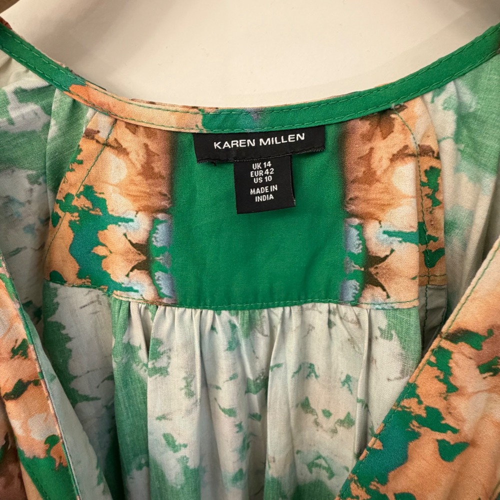 Karen Millen Green Tie Dye Ikat Cotton Maxi Dress Puff Sleeve Wrap Belted US 10 - Picture 2 of 7